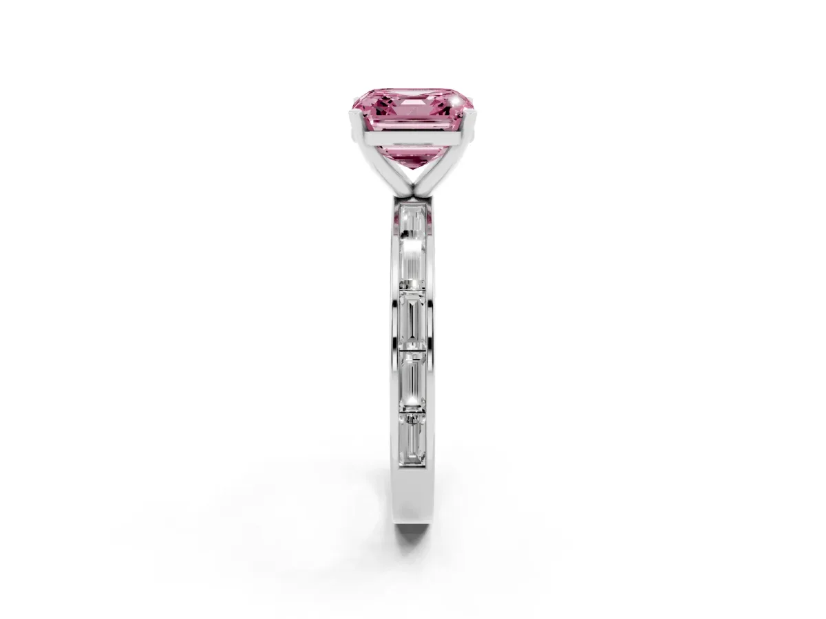 Fancy Pink Asscher Cut Solitaire Diamond Ring with Channel-Set Baguette Band and Four-Prong Setting White gold
