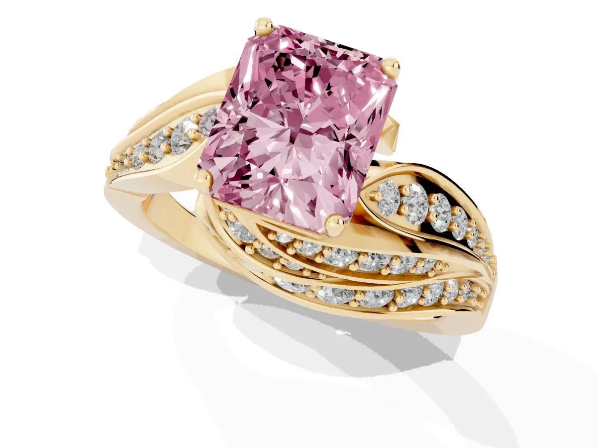 Fancy Pink Radiant Cut Diamond Solitaire Ring with Prong Setting and Twisted Pavé Band Yellow gold
