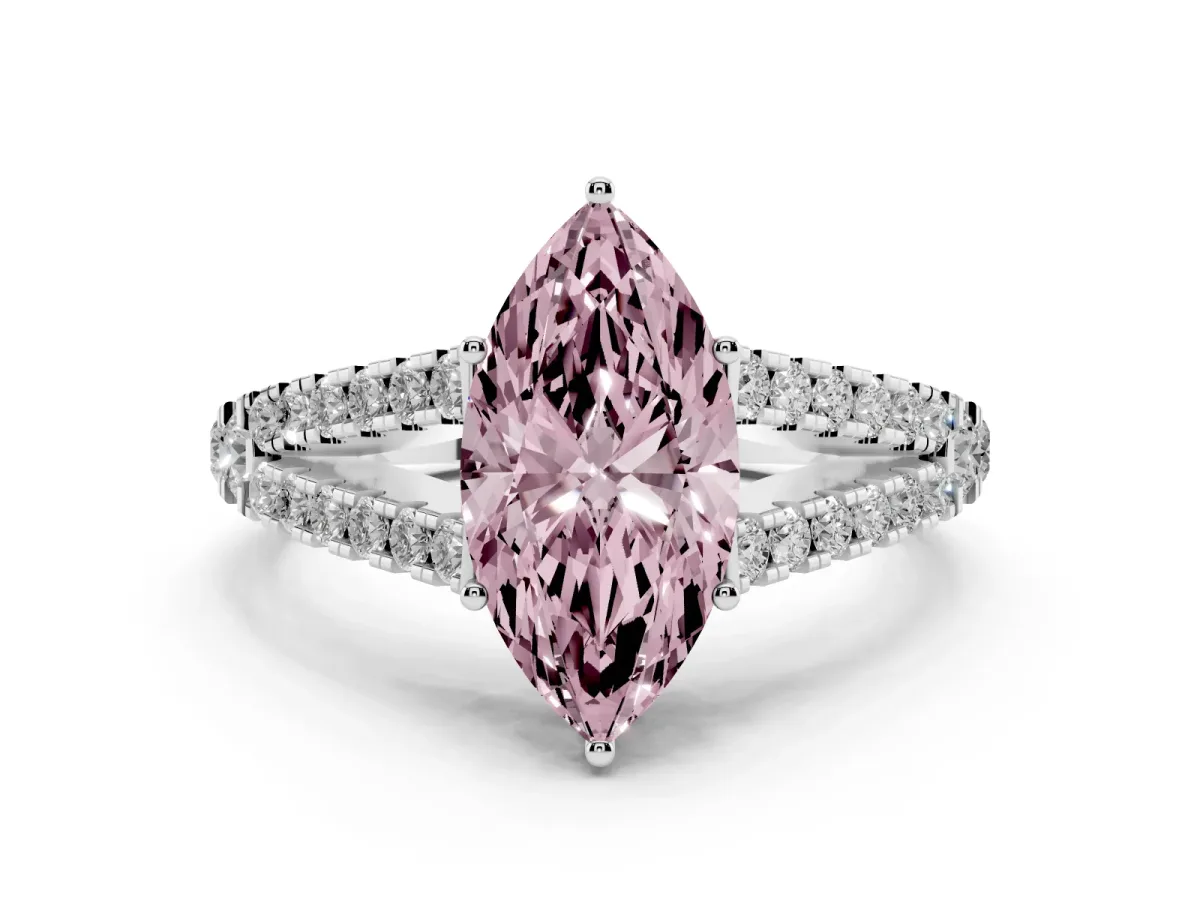 Fancy Pink Marquise Cut Diamond Split Shank Engagement Ring with Round Pavé and Prong Setting Silver