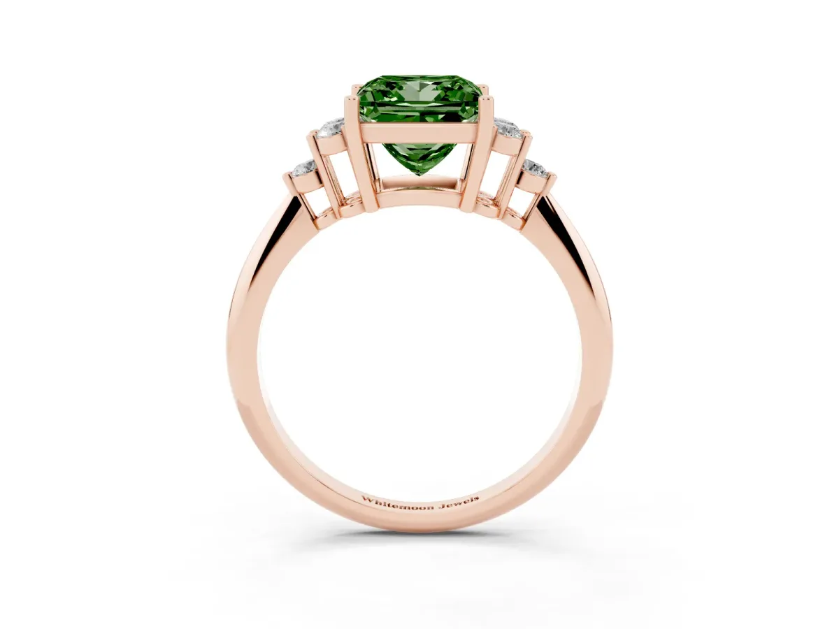 Fancy Green Princess Cut Cut Diamond Cluster Ring with Solitaire Band and Four-Prong Setting Rose gold