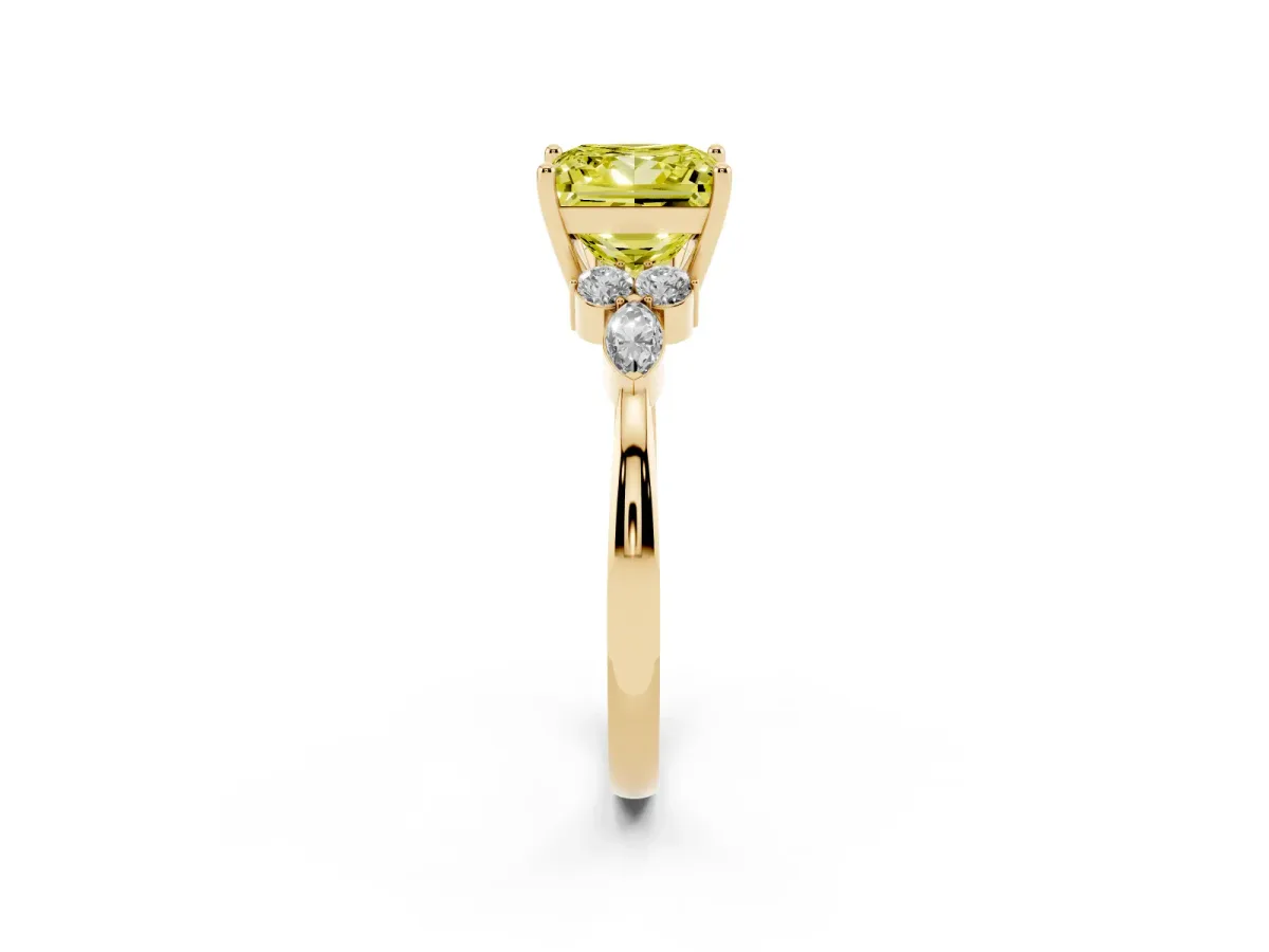 Fancy Yellow Princess Cut Brilliant Diamond Solitaire Ring with Pear Side Stones and Four-Prong Setting Yellow gold