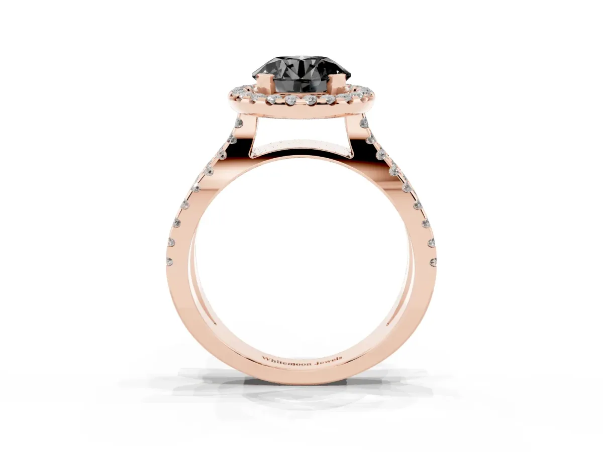 Fancy Black Round Cut Diamond Halo Ring with Split Shank Pavé Band and Prong Setting Rose gold