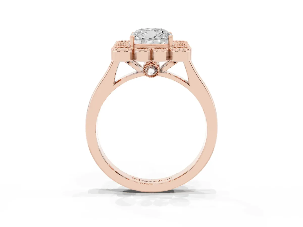 Cushion Cut Halo Diamond Cluster Engagement Ring with Milgrain Bezel Setting and Solitaire Band Rose gold