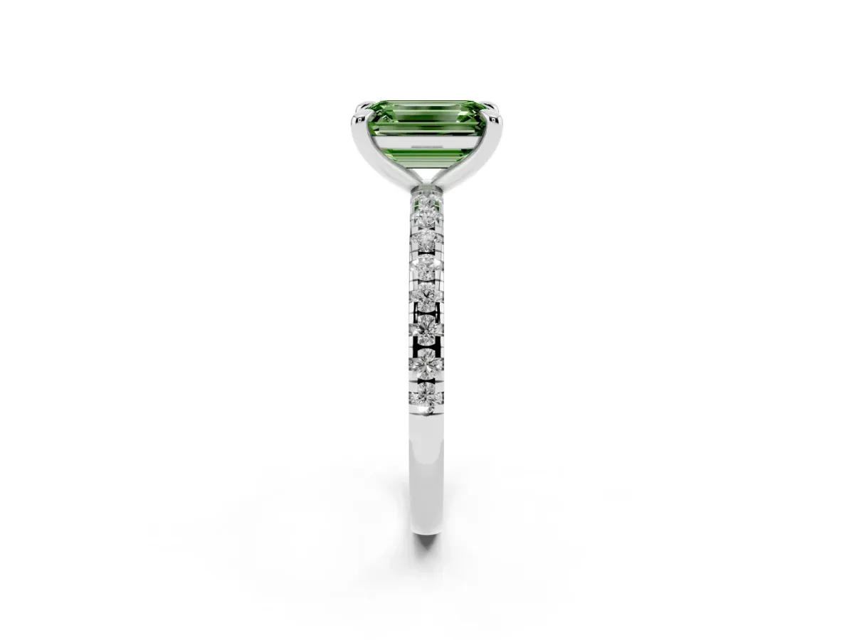 Fancy Green Emerald Cut Diamond Brilliant Solitaire Ring with Pavé Band and Four-Prong Setting Silver