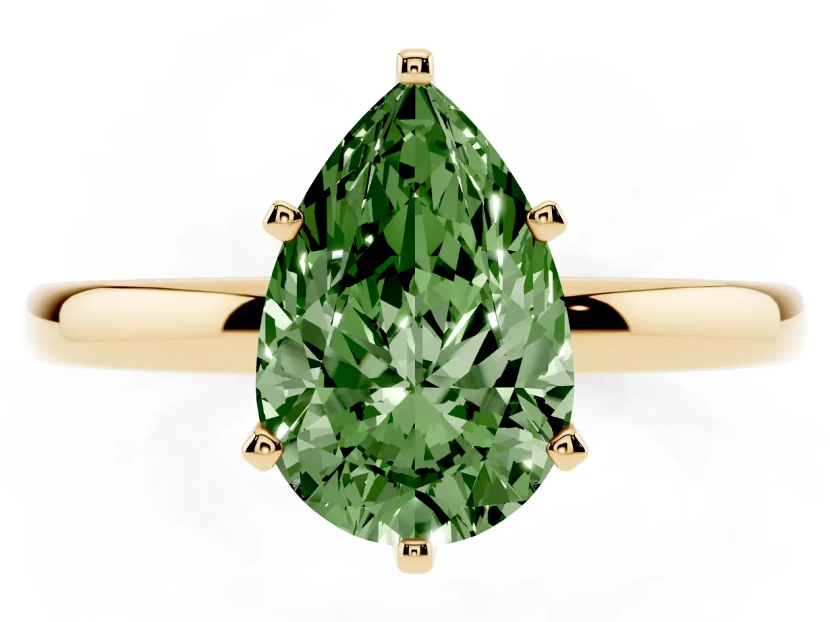 Fancy Green Pear Cut Solitaire Diamond Ring with Six-Prong Setting on a Classic Band Yellow gold