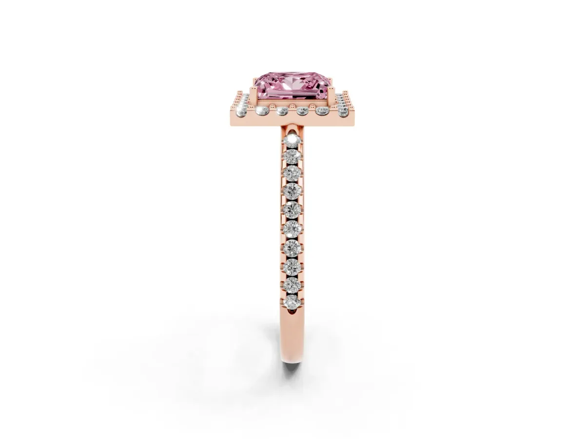 Fancy Pink Princess Cut Diamond Pavé Halo Ring with Four-Prong Setting Rose gold