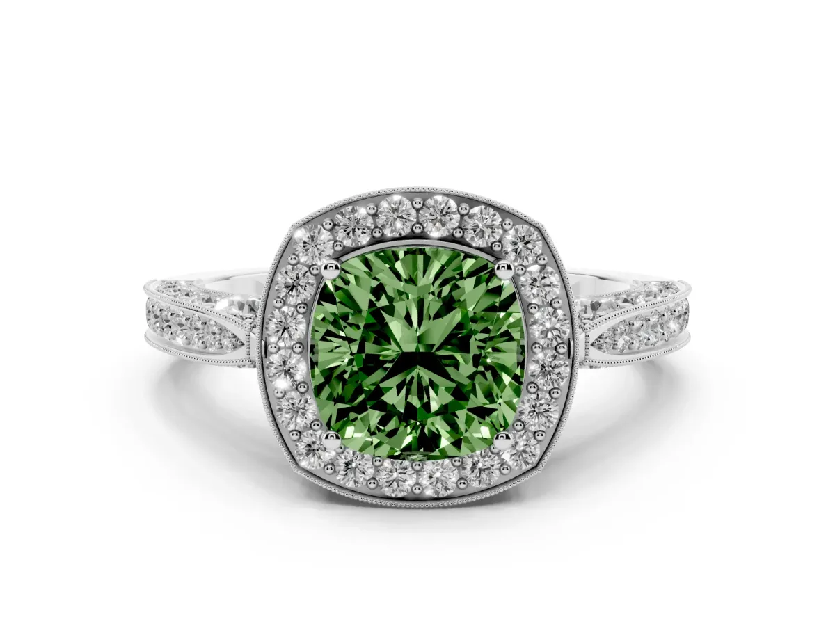 Fancy Green Cushion Cut Halo Diamond Engagement Ring with Split Shank Band and Four-Prong Setting Silver