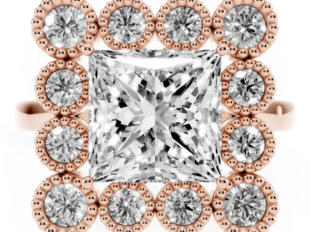 Princess Cut Halo Diamond Cluster Engagement Ring with Milgrain Bezel Setting and Solitaire Band Rose gold