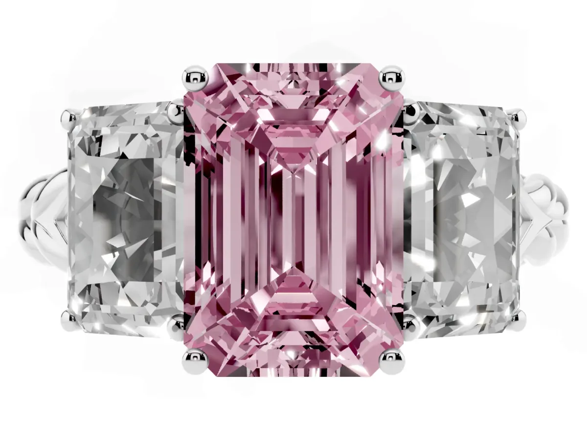 Fancy Pink Three-Stone Radiant Cut Diamond Braided Band Ring with Four-Prong Setting Platinum