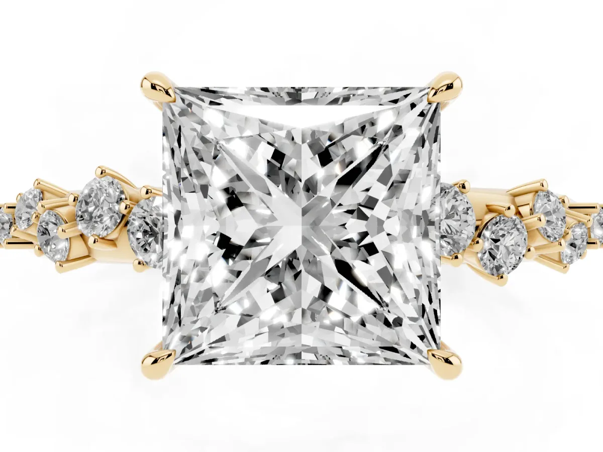 Princess Cut Diamond Cluster Side Stone Solitaire Ring with Prong Setting Yellow gold