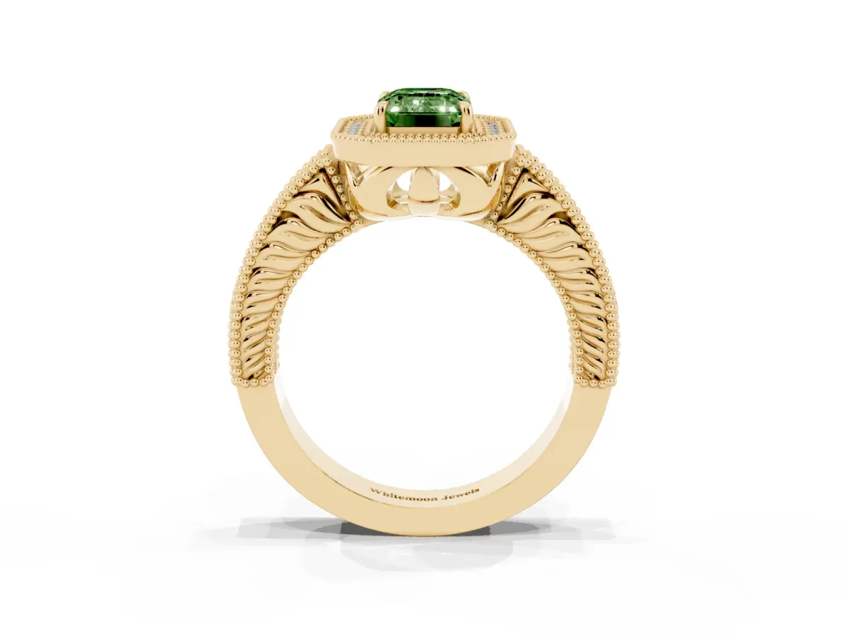 Fancy Green Emerald Cut Cut Halo Diamond Ring with Pavé Band and Four-Prong Setting Yellow gold