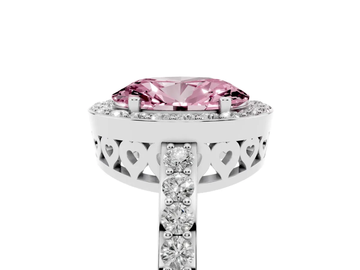 Fancy Pink Oval Cut Halo Diamond Pavé Band Ring with Prong Setting Silver