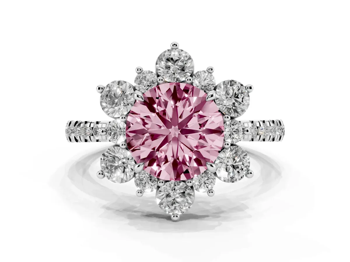 Fancy Pink Round Cut Diamond Floral Halo Ring with Round Pavé Band and Prong Setting Platinum