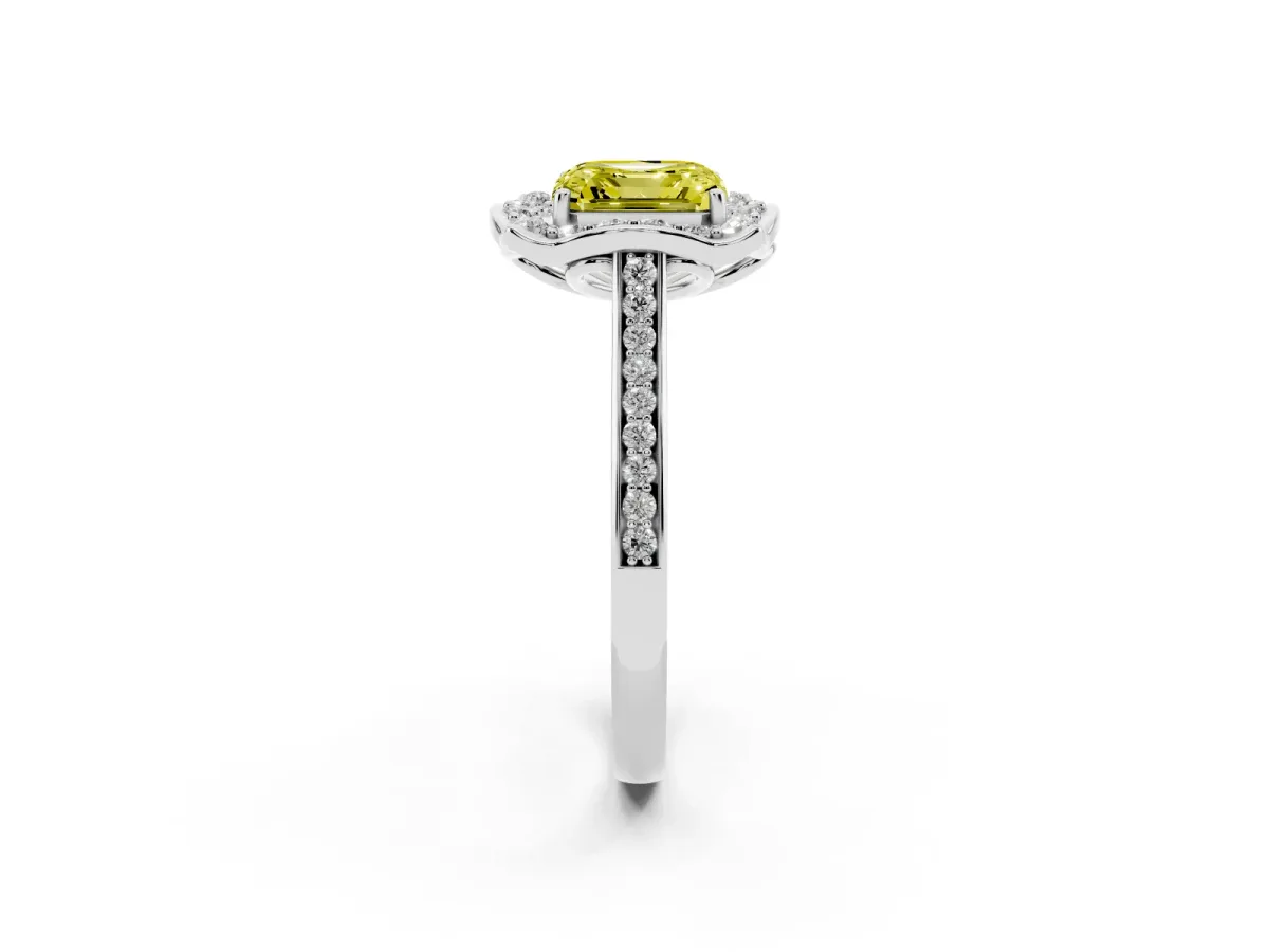 Fancy Yellow Asscher Cut Halo Round Diamond Pave Band with Four-Prong Setting Silver