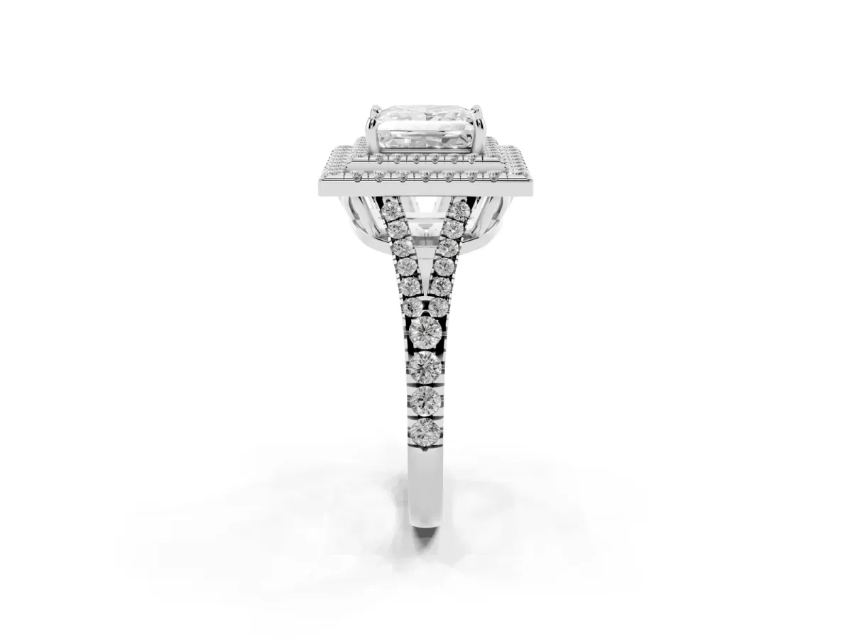 Princess Cut Diamond Double Halo Ring with Pavé Band and Prong Setting Silver