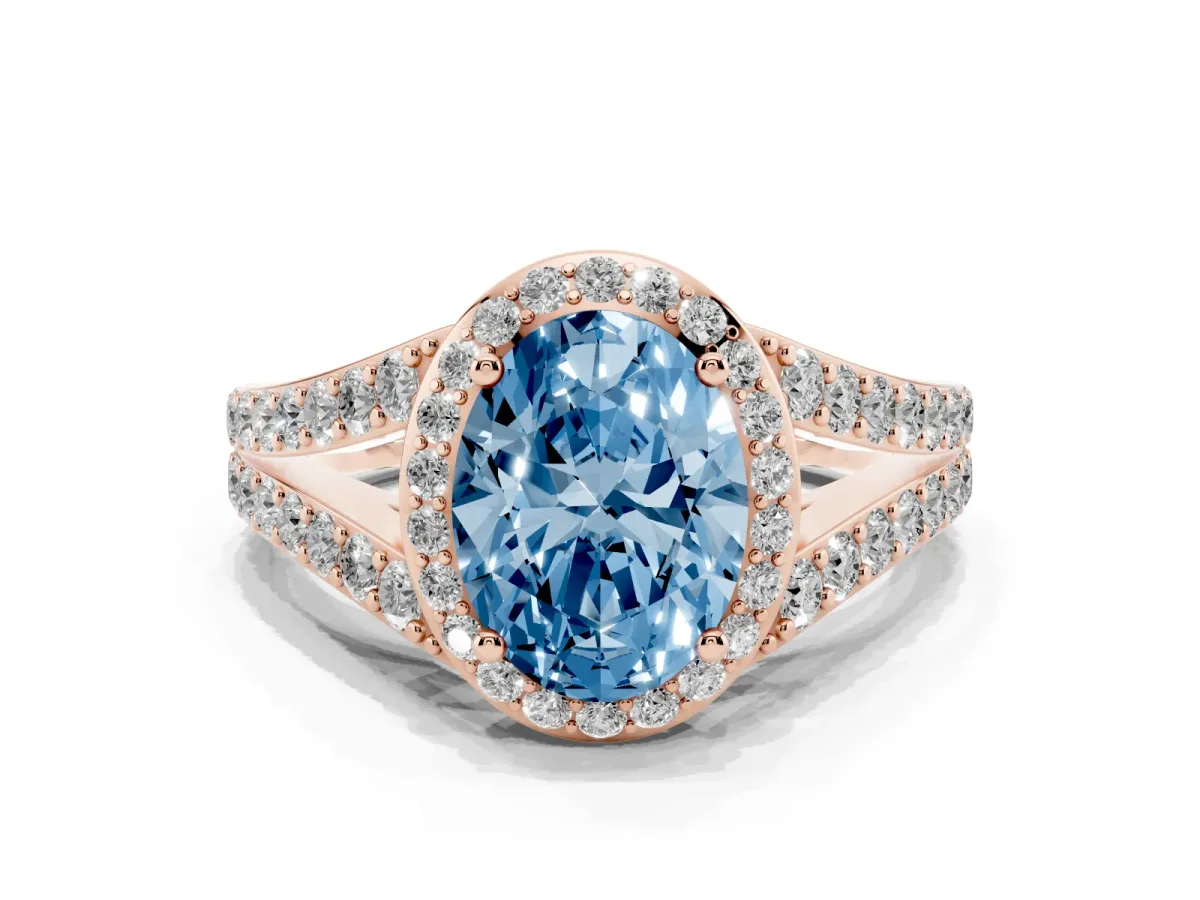 Fancy Blue Oval Cut Diamond Split Shank Halo Ring with Four-Prong Setting Rose gold
