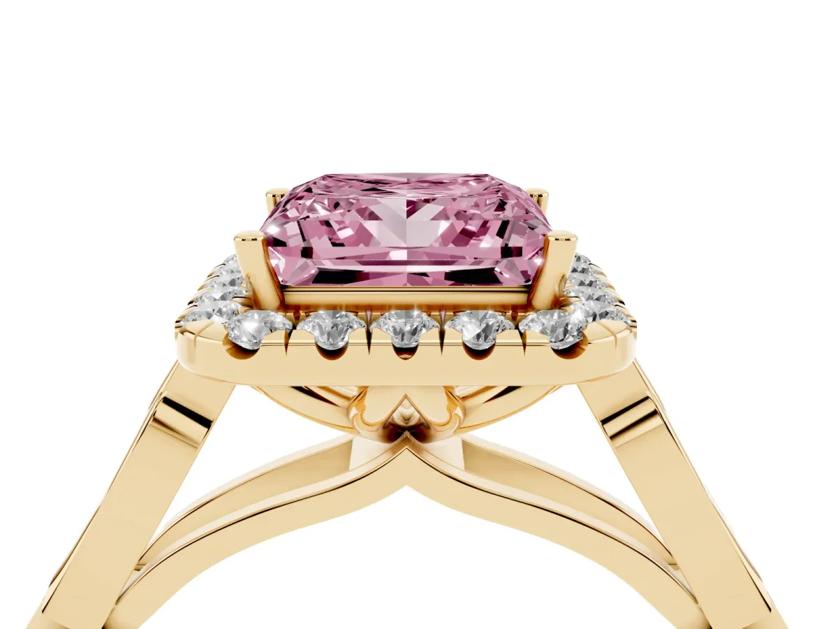 Fancy Pink Princess Cut Halo Diamond Engagement Ring with Filigree Band and Four-Prong Setting Yellow gold