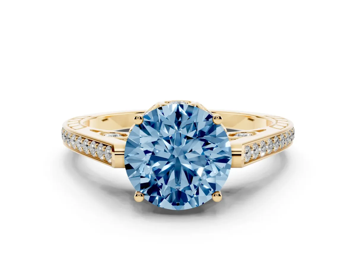 Fancy Blue Round Cut Cut Cathedral Pave Diamond Engagement Ring with Six-Prong Setting Yellow gold
