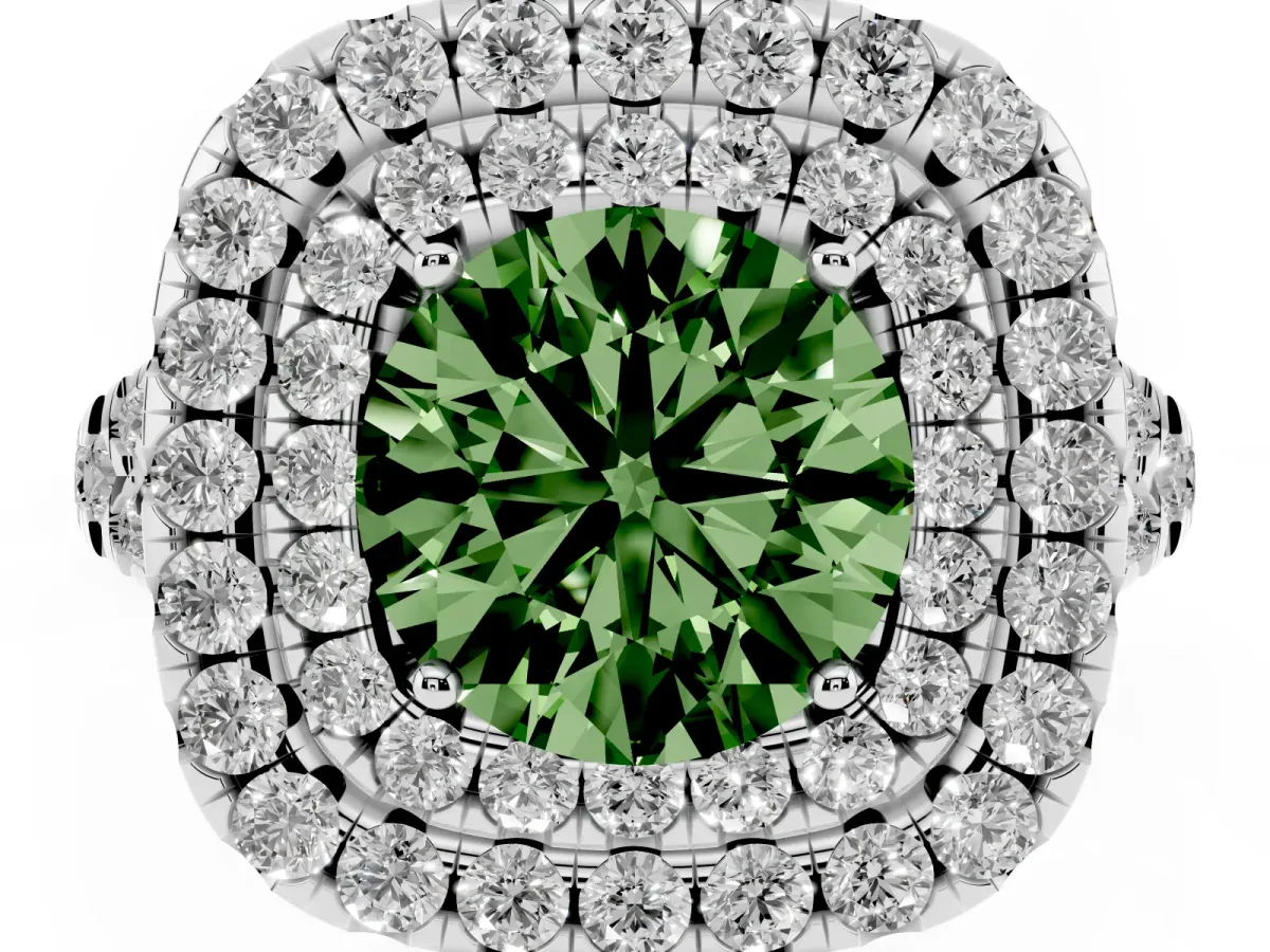 Fancy Green Double Halo Round Cut Diamond Pavé Split Shank Ring with Prong Setting White gold