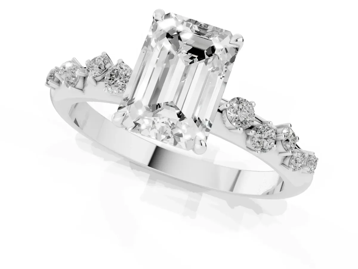 Emerald Cut Diamond Cluster Prong-Set Solitaire Ring White gold