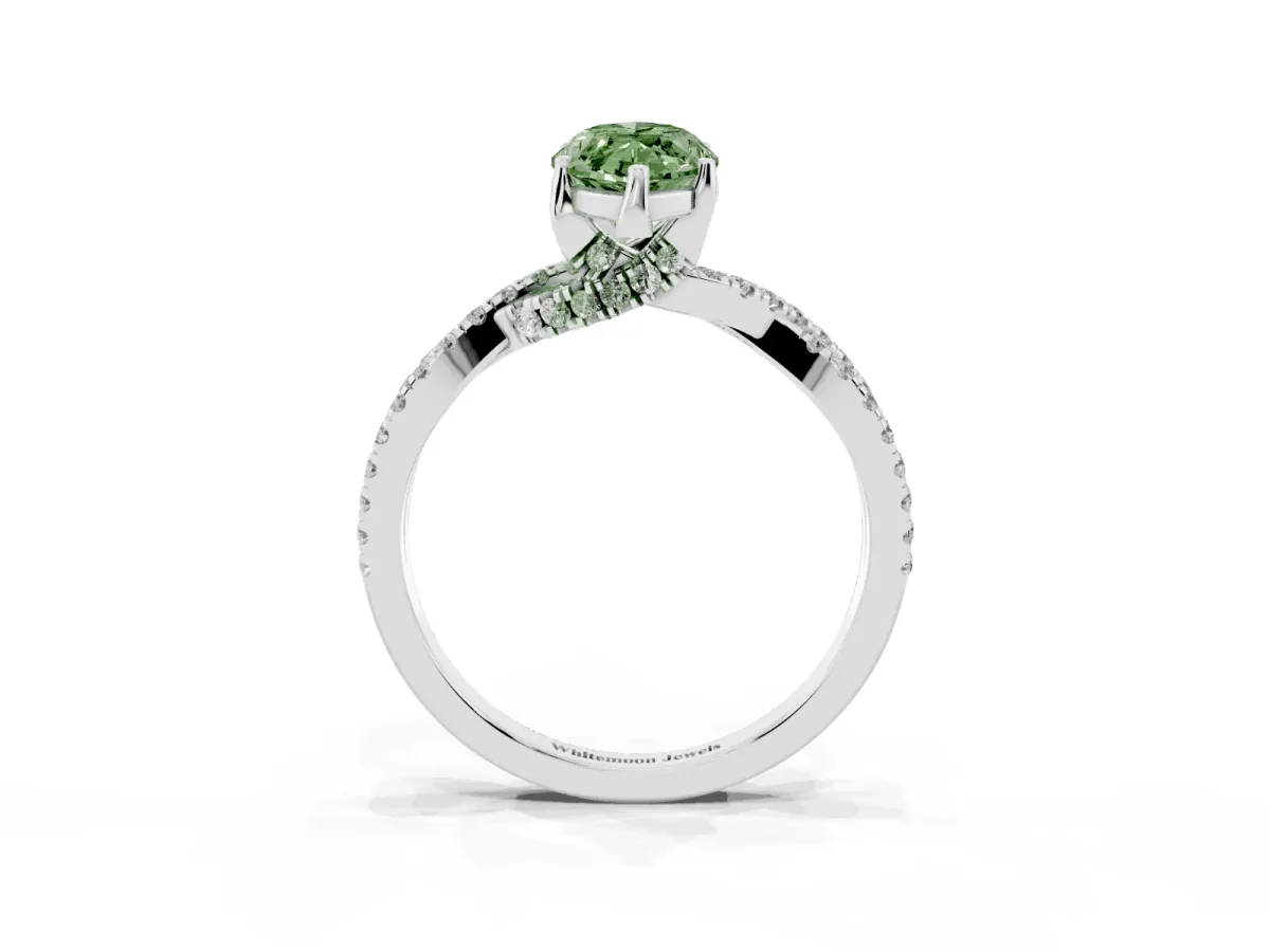 Fancy Green Marquise Cut Solitaire Twist Pave Diamond Engagement Ring with Prong Setting Silver