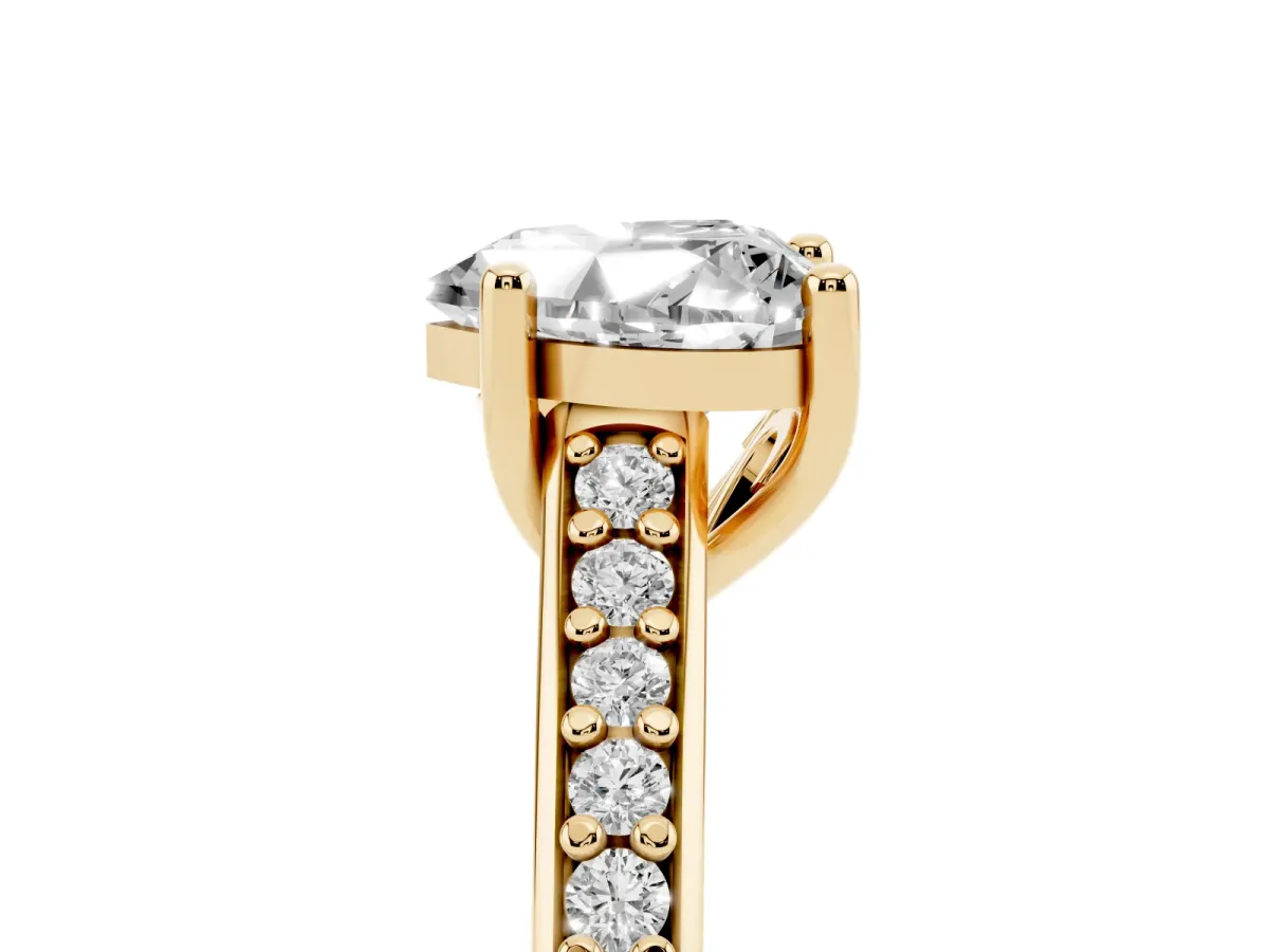 Heart Cut Solitaire Prong Set Diamond Engagement Ring with Pave Band Yellow gold