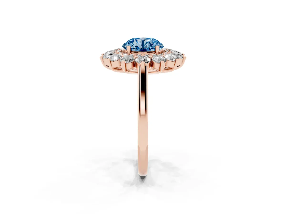 Fancy Blue Round Cut Diamond Floral Double Halo Engagement Ring with Prong Setting Rose gold
