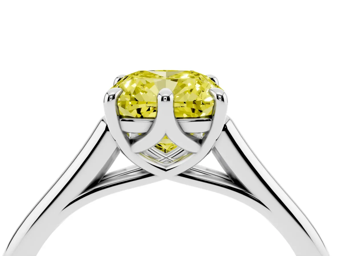 Fancy Yellow Cushion Cut Solitaire Engagement Ring with Six-Prong Setting and Classic Band Platinum