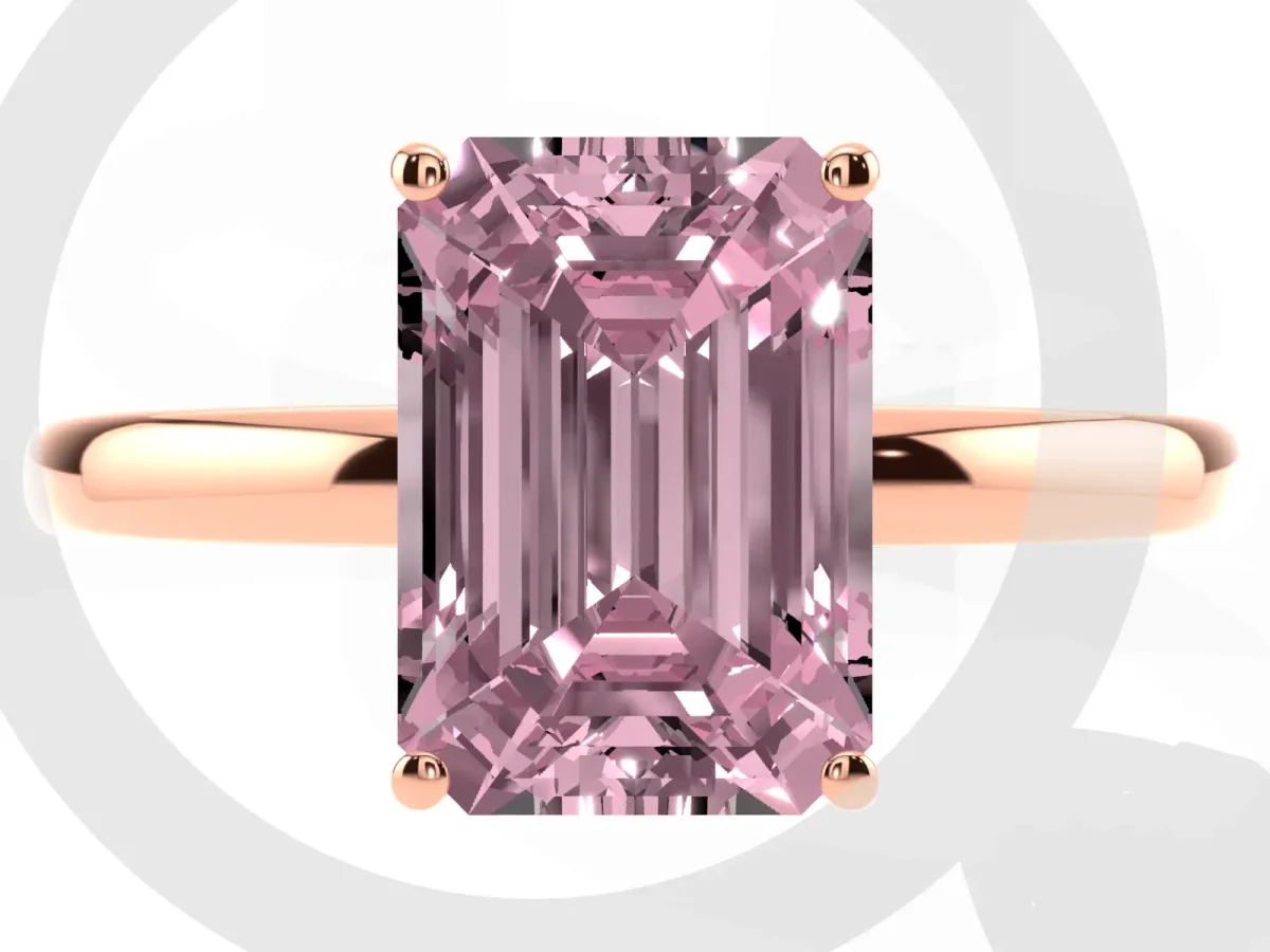 Fancy Pink Emerald Cut Solitaire Diamond Ring with Prong Setting and Plain Band Rose gold