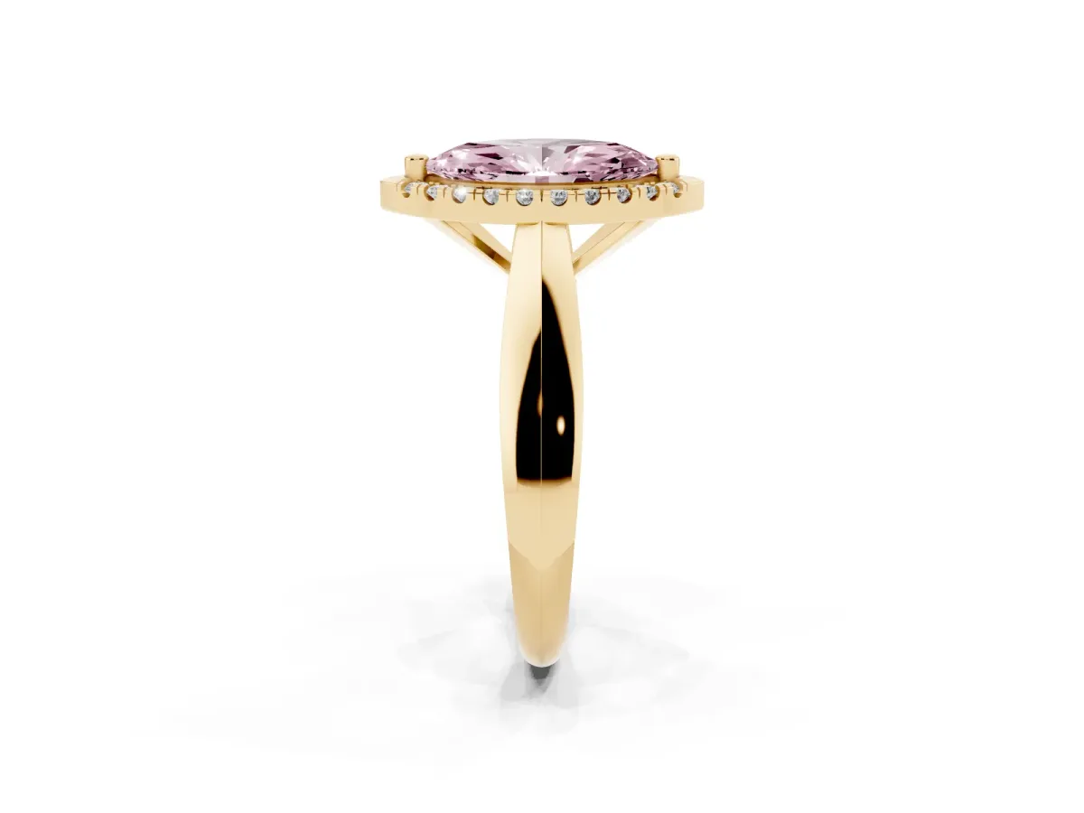 Fancy Pink Marquise Cut Cut Halo Solitaire Engagement Ring with Square Band and Four-Prong Setting Yellow gold
