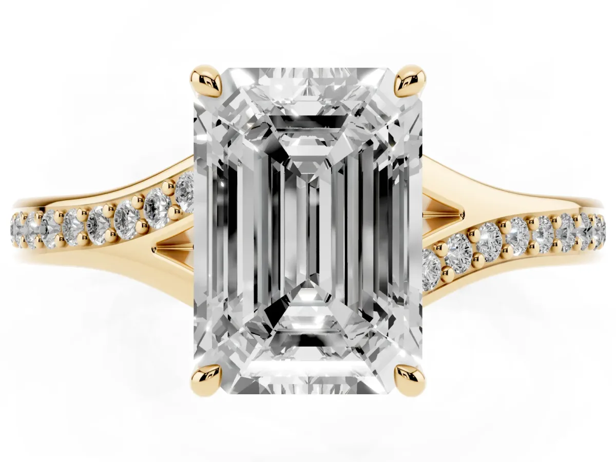 Emerald Cut Diamond Solitaire Ring with Pavé Band and Prong Setting Yellow gold