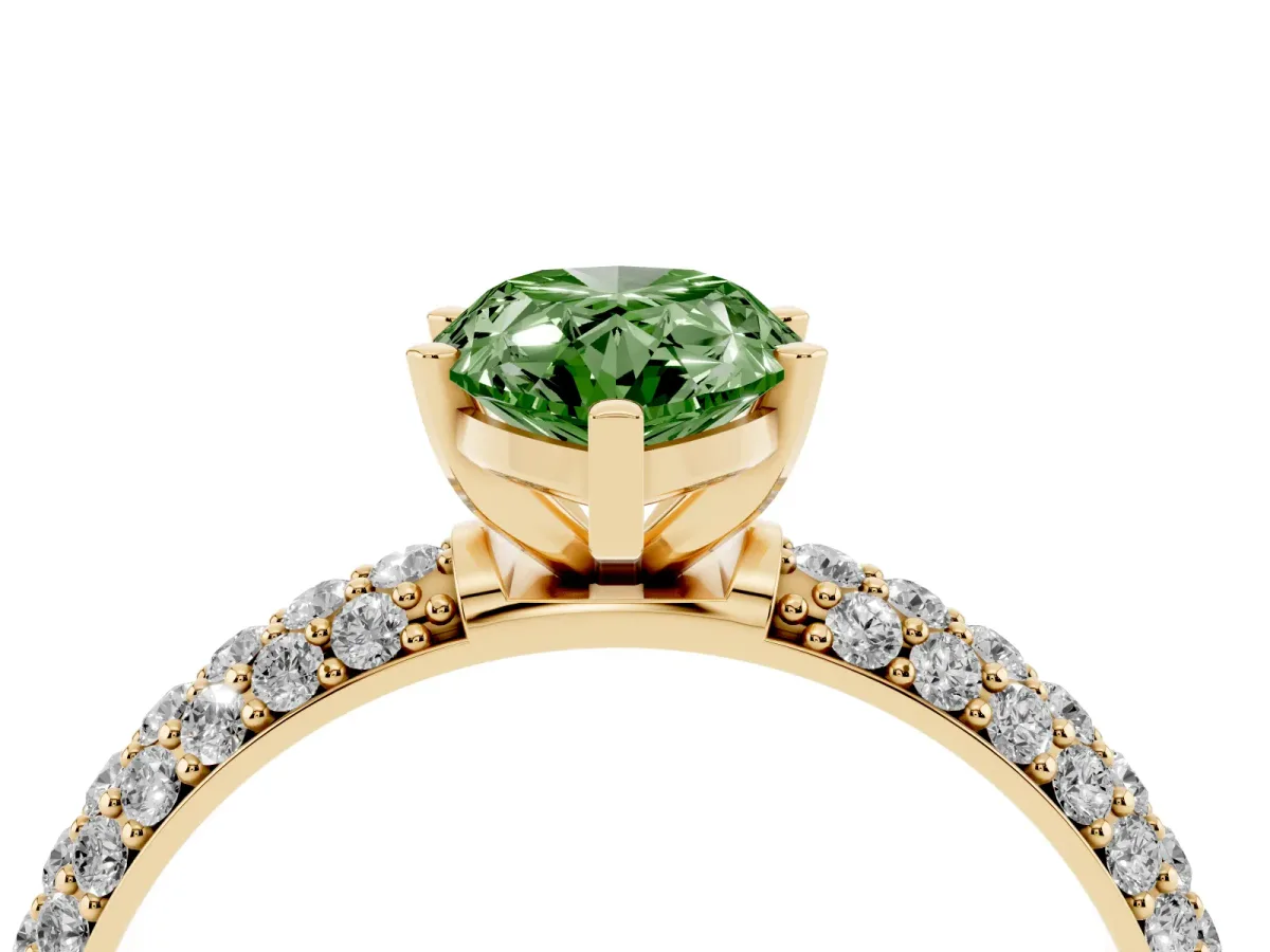 Fancy Green Pear Cut Diamond Solitaire Ring with Prong Setting and Pavé Band Yellow gold