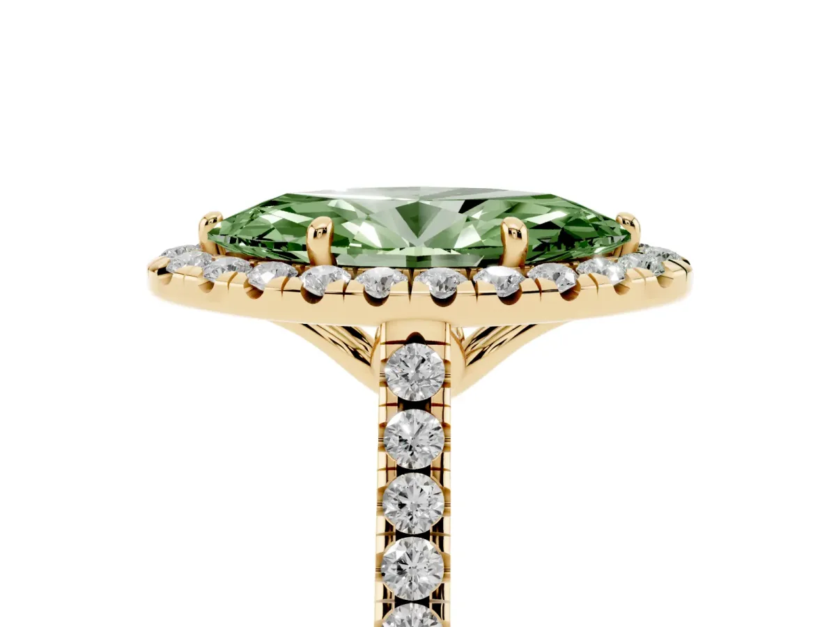 Fancy Green Marquise Cut Halo Pavé Diamond Engagement Ring with Four-Prong Setting Yellow gold