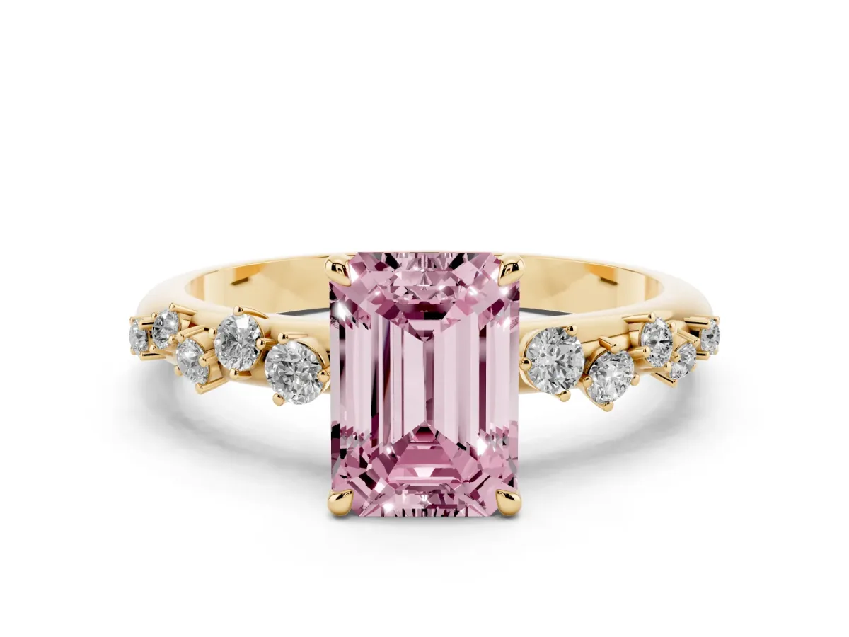 Fancy Pink Emerald Cut Diamond Cluster Prong-Set Solitaire Ring Yellow gold