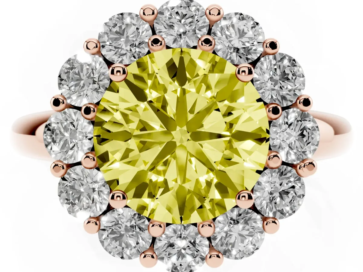Fancy Yellow Round Cut Halo Cluster Diamond Engagement Ring with Prong Setting and Polished Band Rose gold