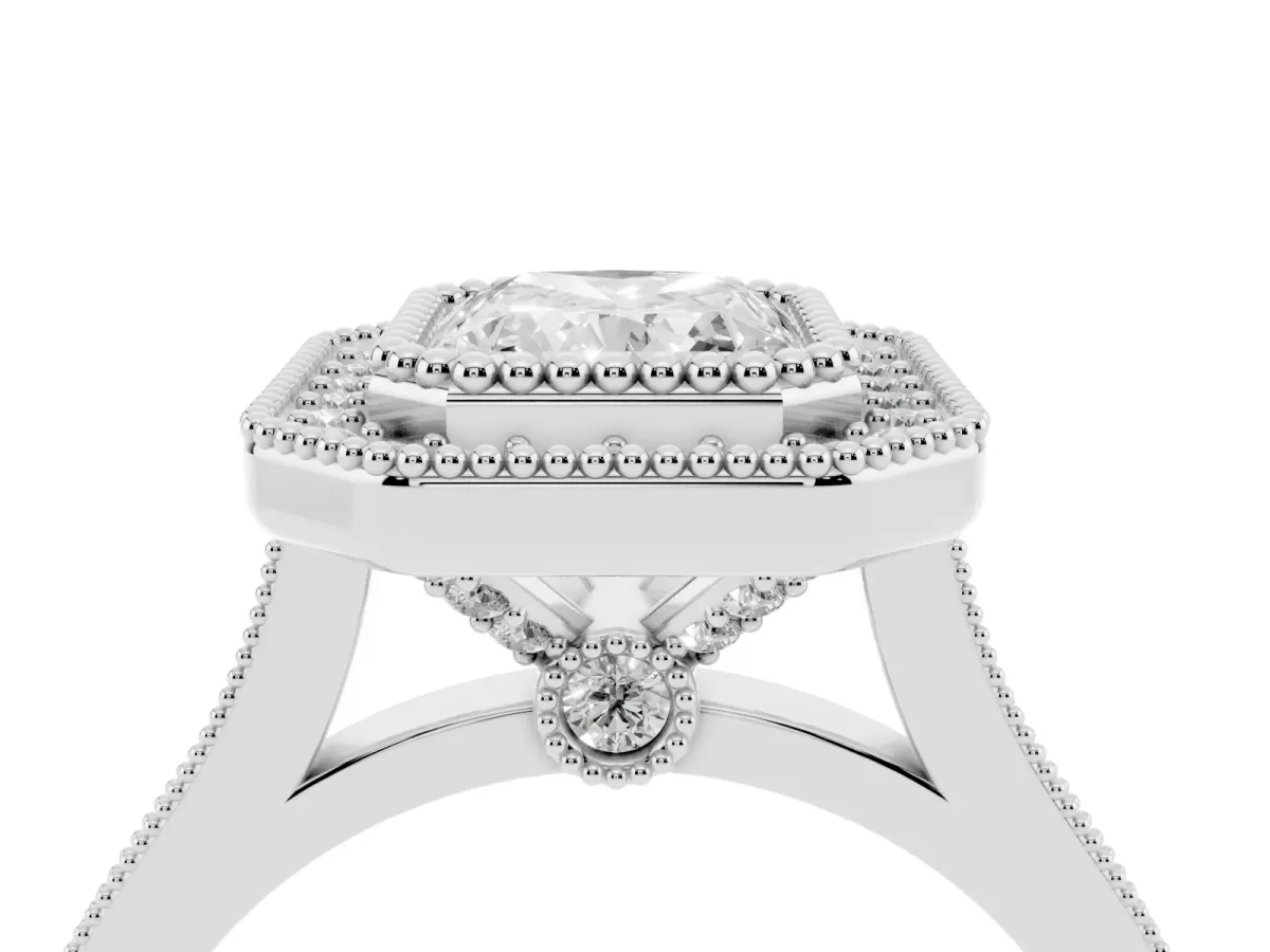 Radiant Cut Diamond Halo Ring with Milgrain Frame and Pavé Band Silver