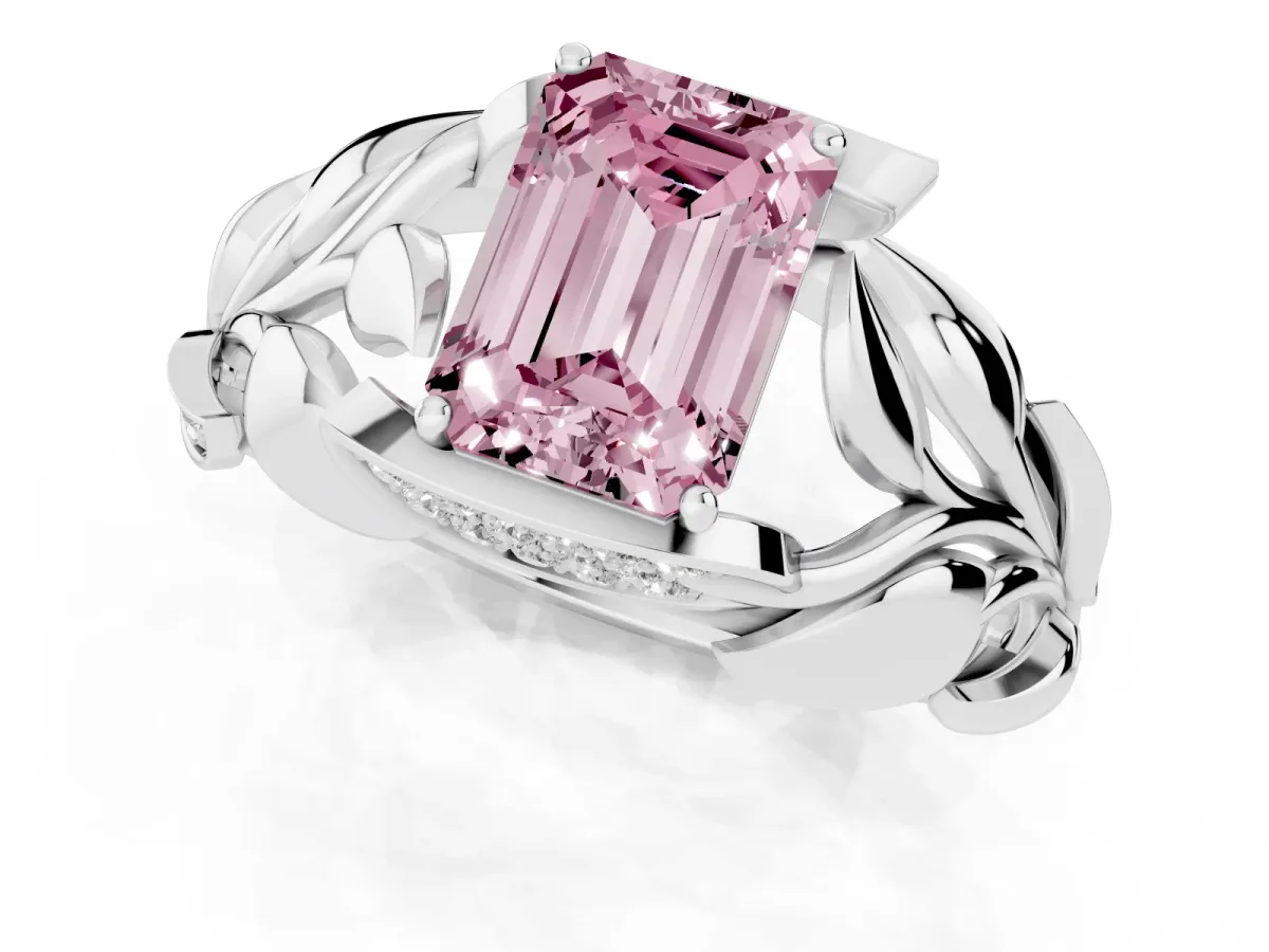 Fancy Pink Emerald Cut Diamond Leaf-Inspired Engagement Ring with Round Accents and Prong Setting Silver