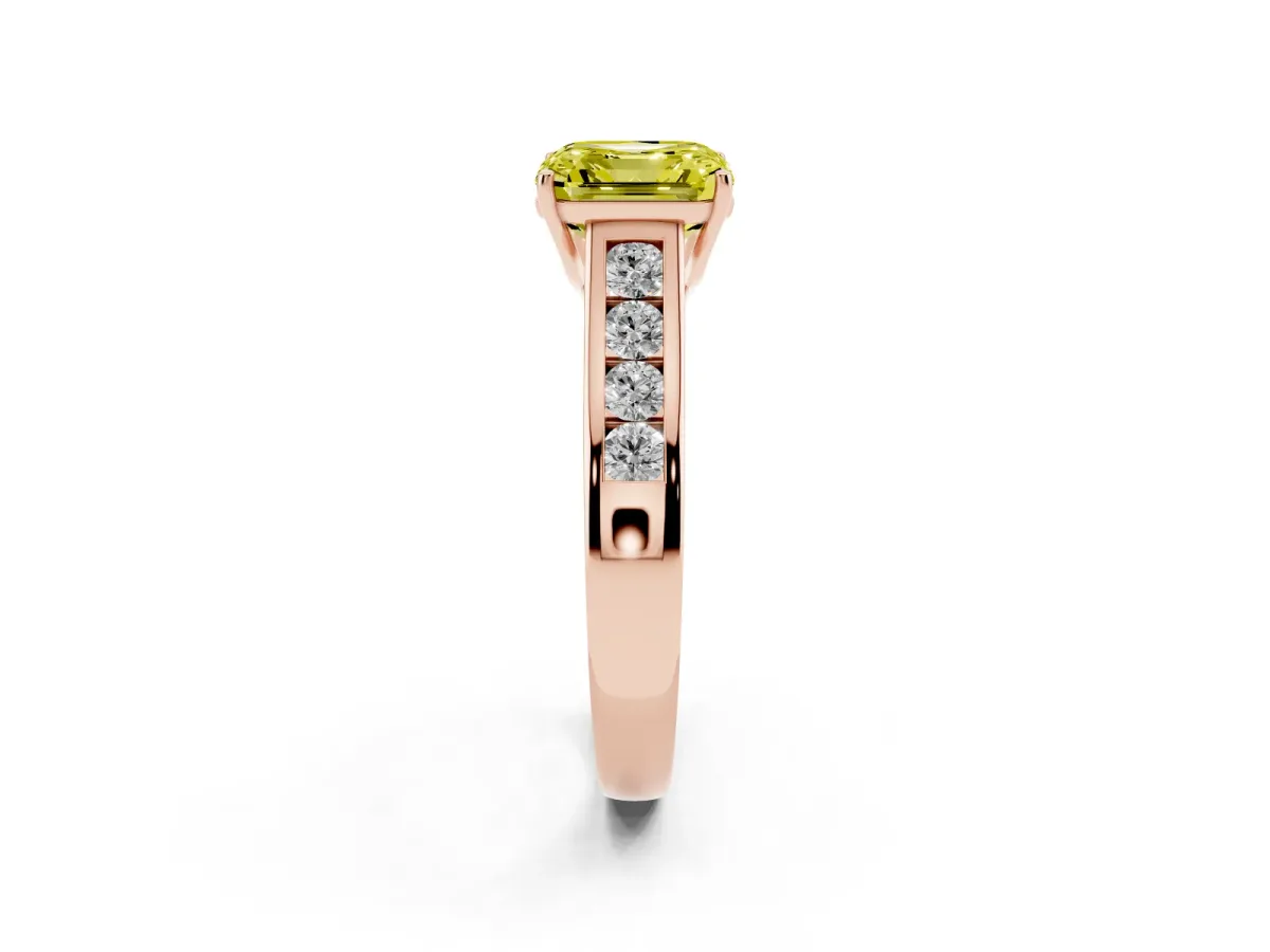 Fancy Yellow Asscher Cut Brilliant Channel-Set Solitaire Ring with Four-Prong Setting Rose gold
