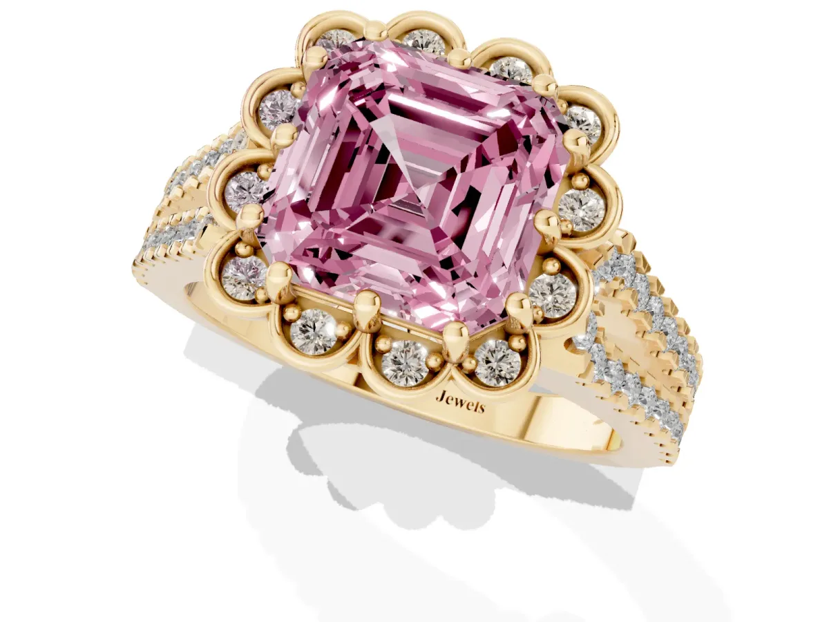 Fancy Pink Asscher Cut Halo Diamond Floral Split Shank Engagement Ring Yellow gold