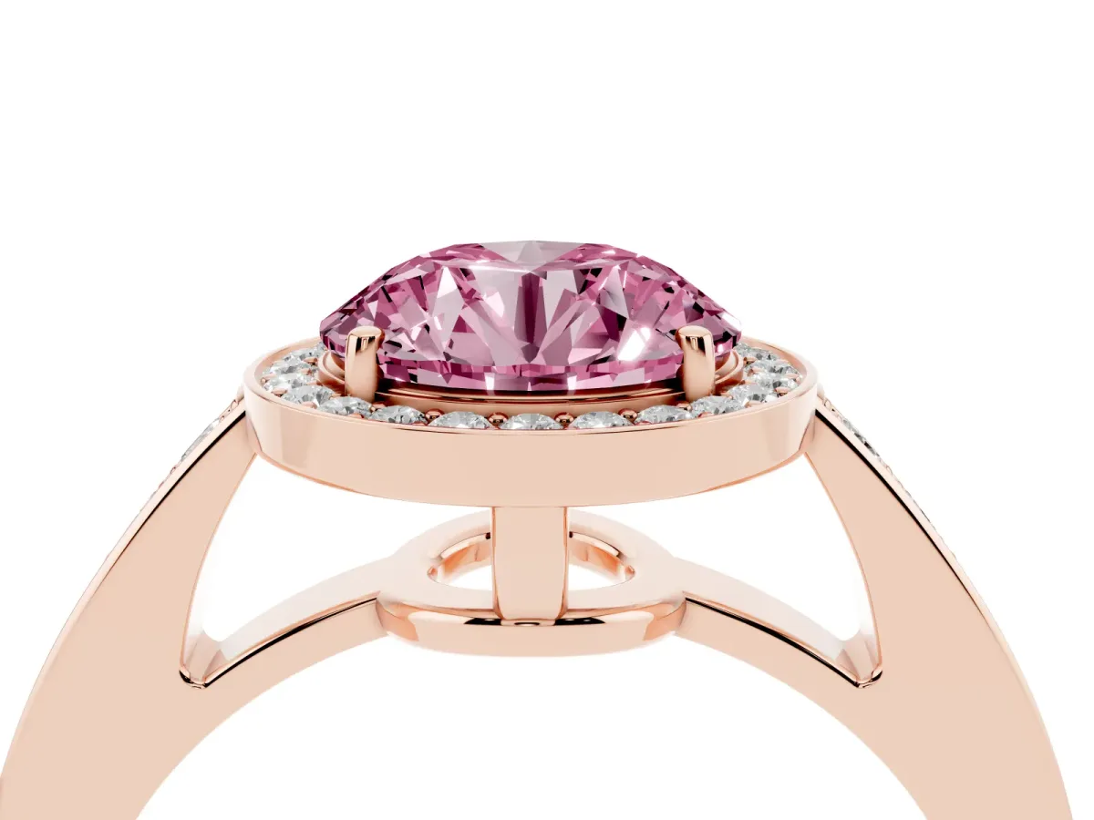 Fancy Pink Round Cut Halo Pavé Diamond Engagement Ring with Bezel Setting Rose gold