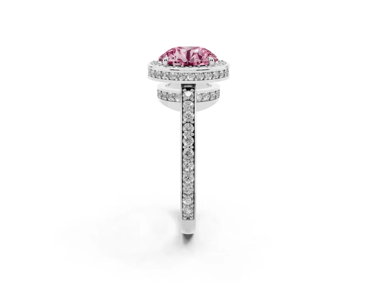 Fancy Pink Round Cut Halo Pave Band Solitaire Ring with Prong Setting Silver
