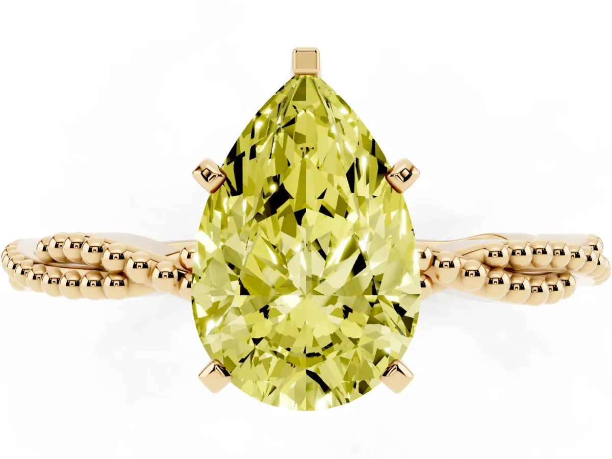 Fancy Yellow Pear Cut Solitaire Twisted Band with Bead Prong Setting Yellow gold