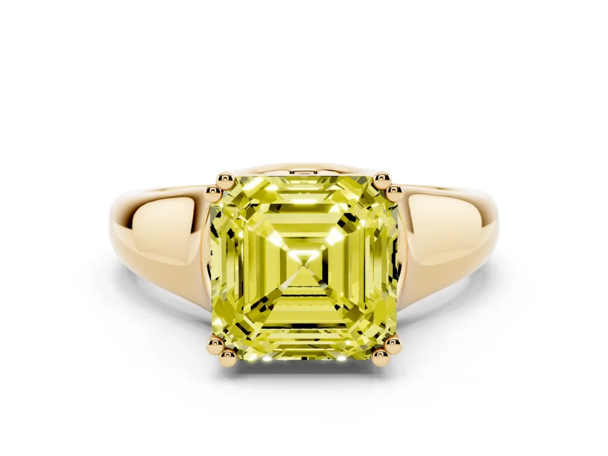 Fancy Yellow Asscher Cut Diamond Solitaire Ring with Wide Band and Prong Setting Yellow gold