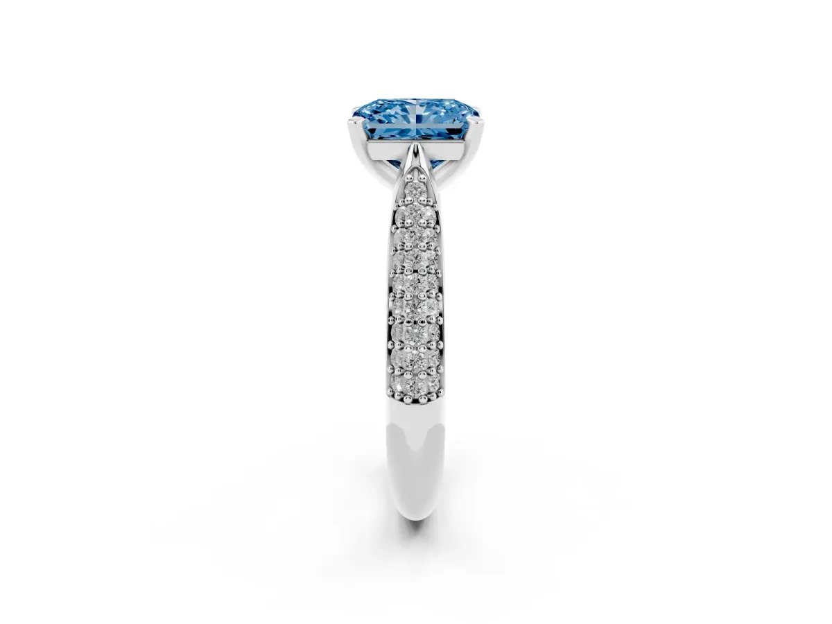 Fancy Blue Radiant Cut Diamond Solitaire Engagement Ring with Multi-Row Round Pavé Band and Prong Setting White gold