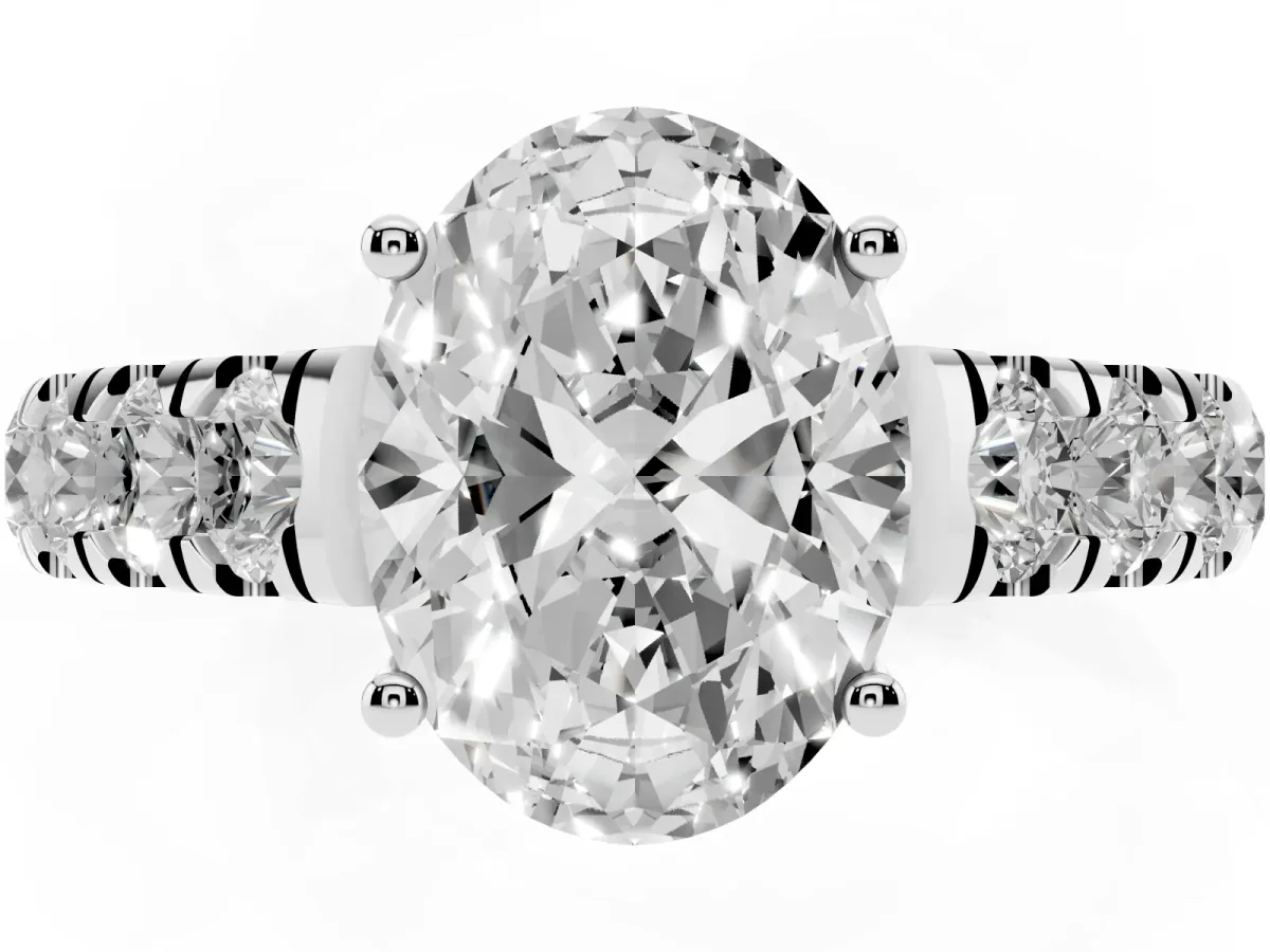 Oval Cut Cut Diamond Solitaire Ring with Micro Pave Band and Prong Setting Platinum