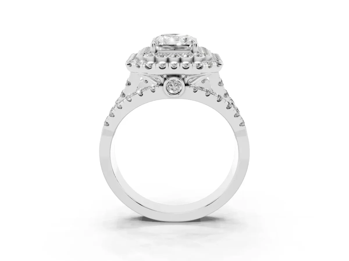 Radiant Cut Diamond Double Halo Ring with Round Pavé Split Shank and Prong Setting Silver