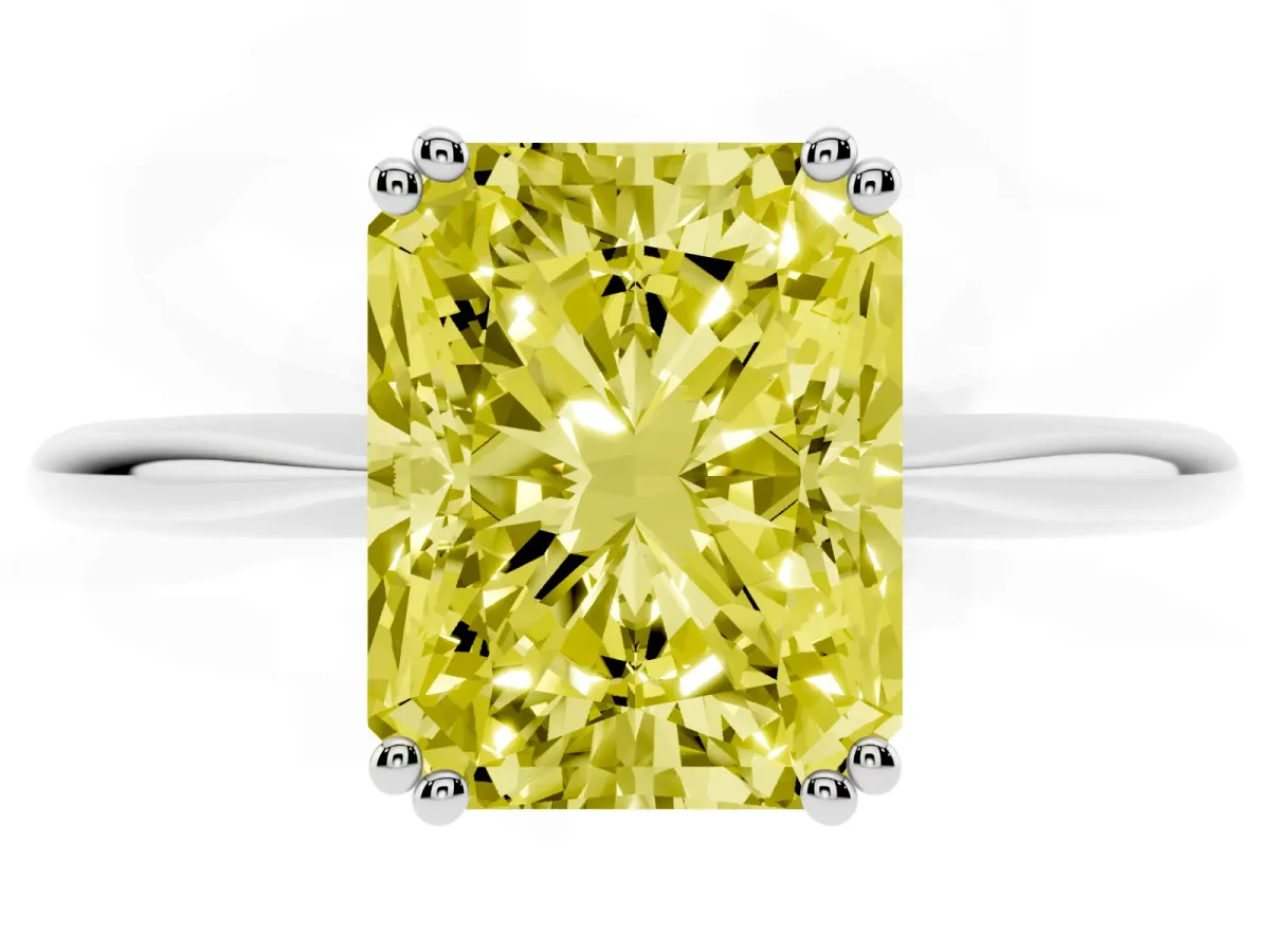 Fancy Yellow Radiant Cut Solitaire Diamond Ring with Six-Prong Setting and Classic Band Silver