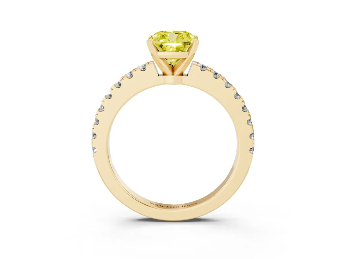 Fancy Yellow Cushion Cut Solitaire Diamond with Pavé Band and Four-Prong Setting Yellow gold