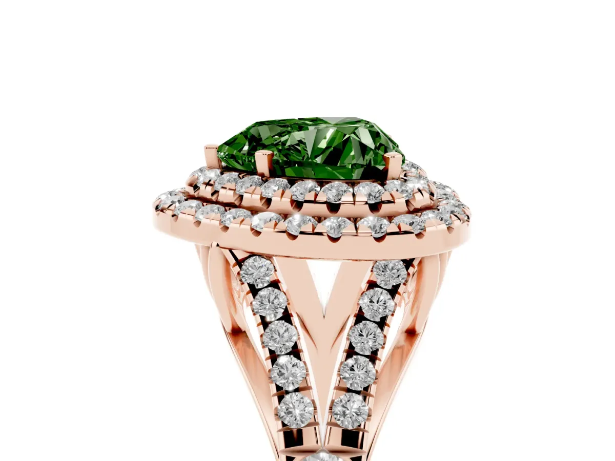 Fancy Green Double Halo Heart Cut Diamond Split Shank Engagement Ring with Four-Prong Setting Rose gold