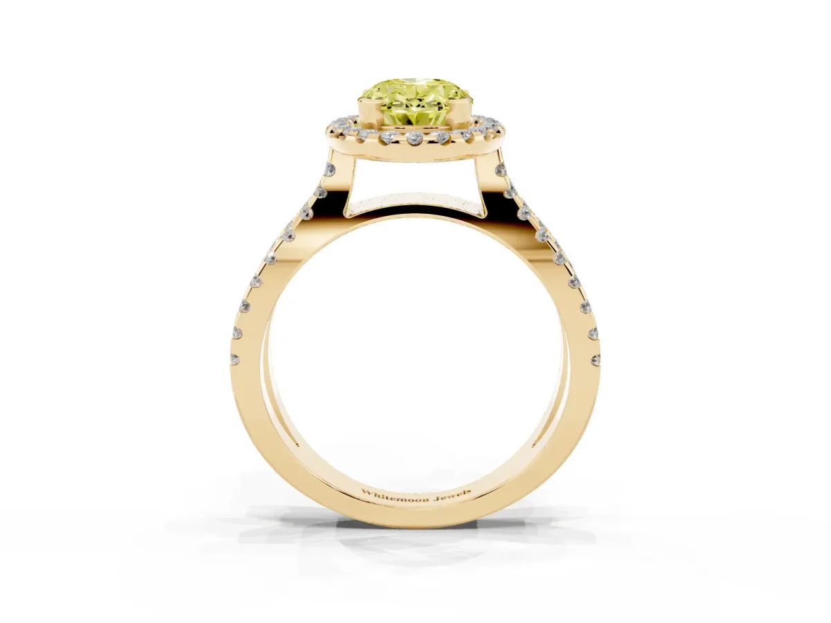 Fancy Yellow Oval Cut Diamond Halo Ring with Split Shank Pavé Band and Prong Setting Yellow gold